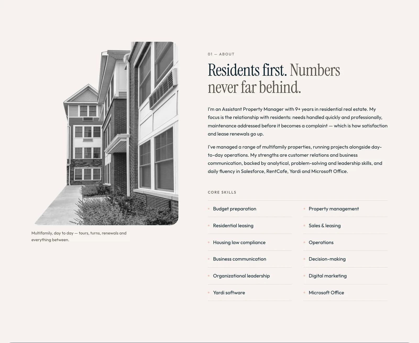 About section with a black and white apartment building photo and a two-column skills list