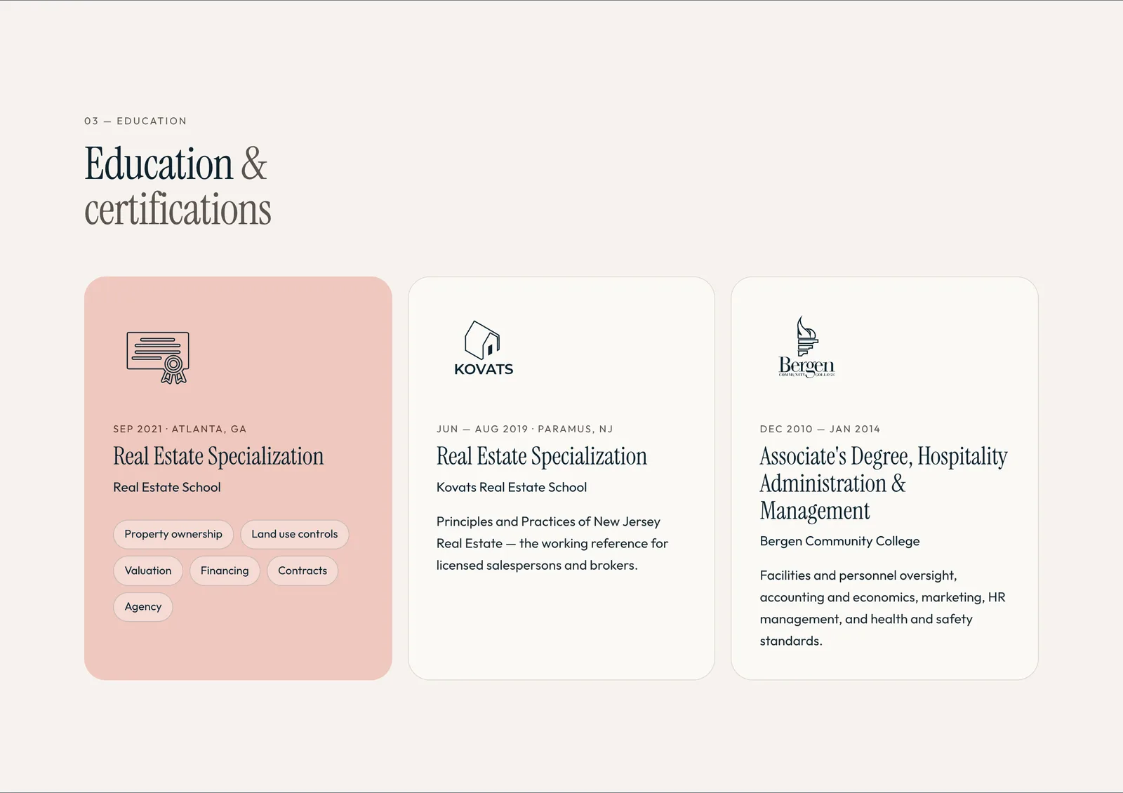 Education and certifications section with three entries