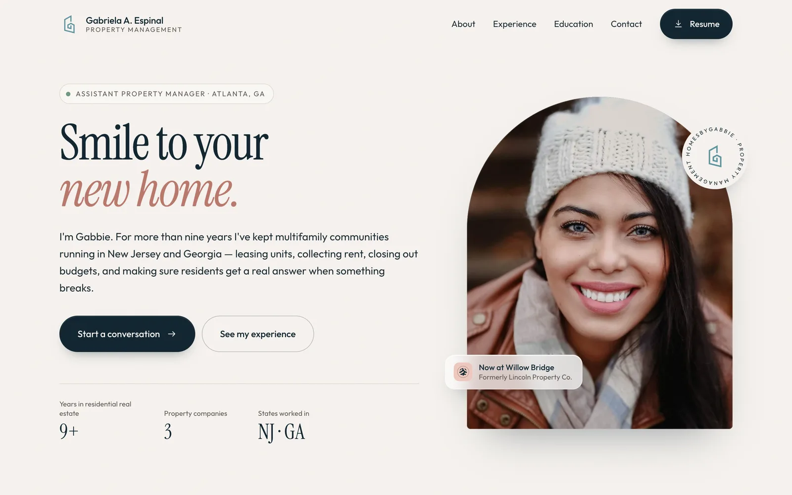 HomesByGabbie hero: 'Smile to your new home.' beside an arched portrait of Gabbie