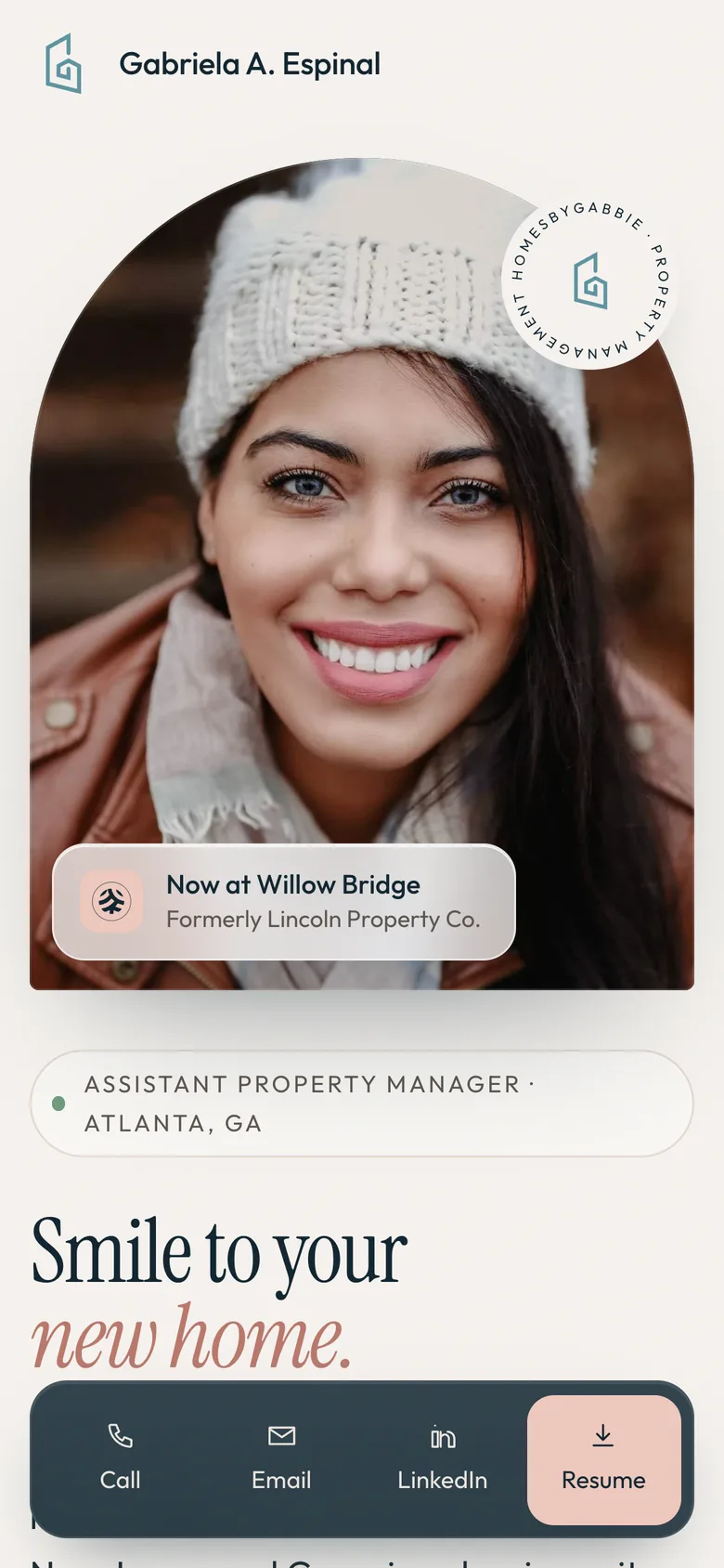 Mobile hero with portrait and the pinned contact dock
