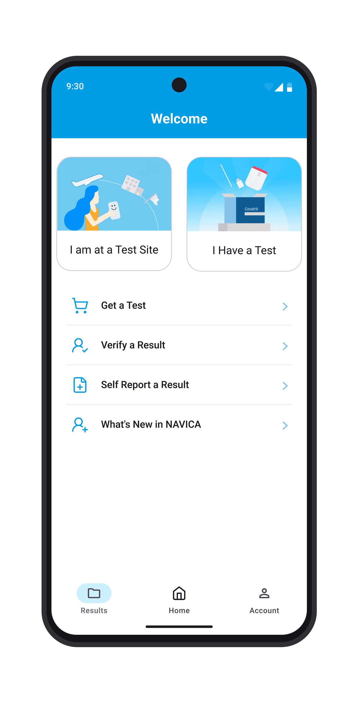 NAVICA home screen with quick actions
