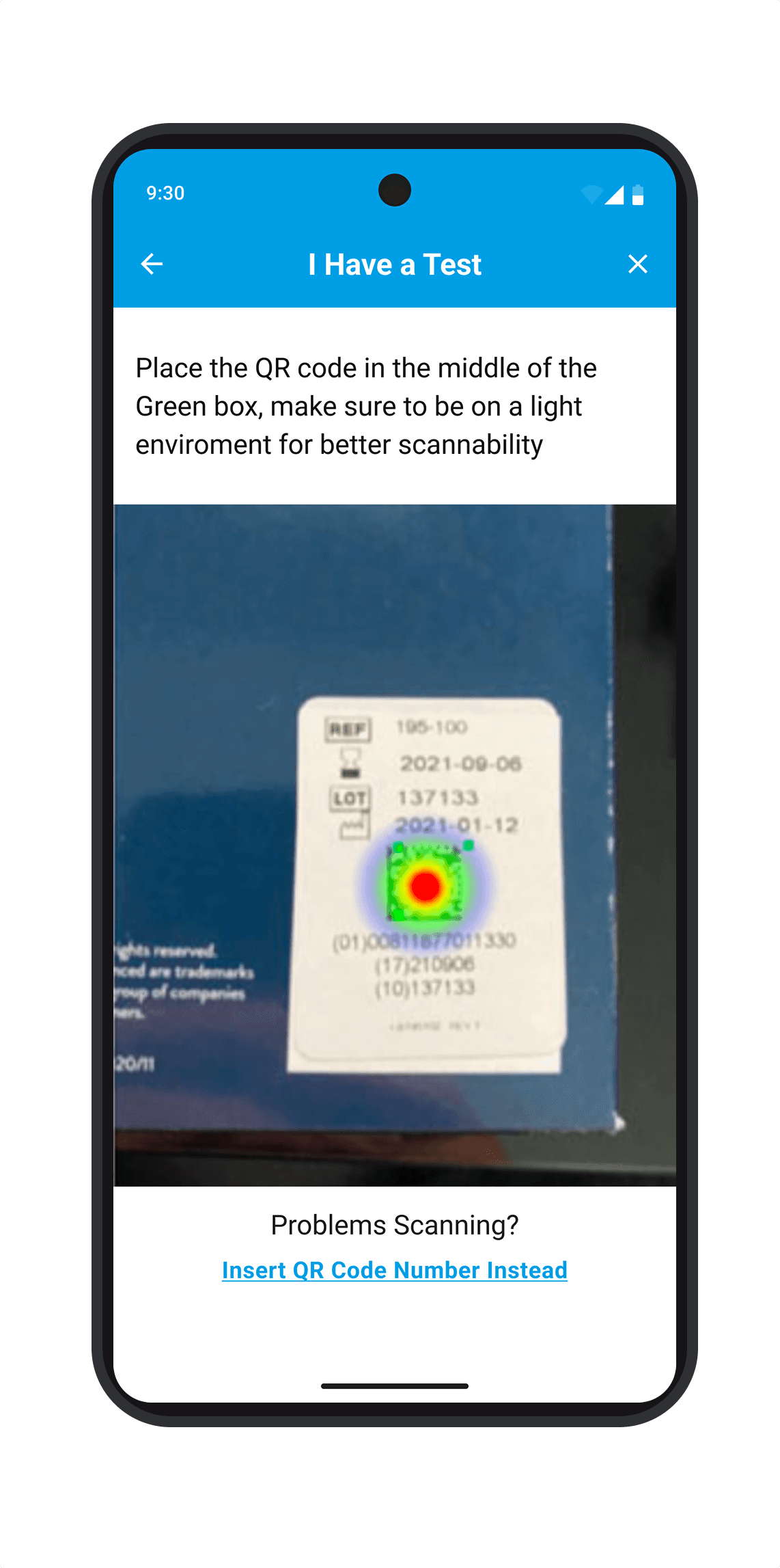 Scan a test screen reading a test card's QR code with the camera